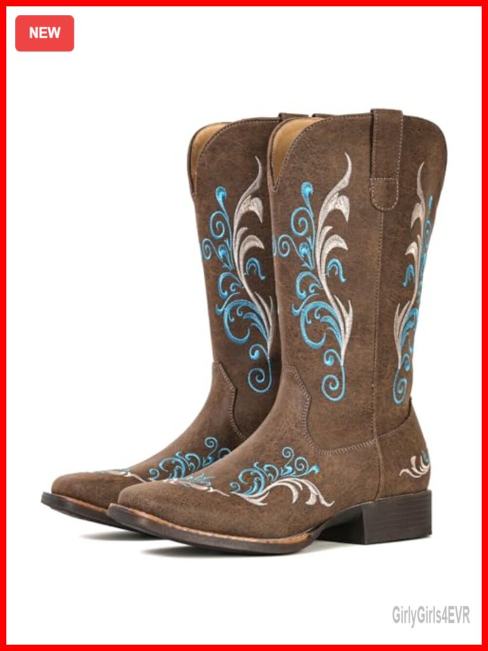 Women's Mid Calf Square Toe Cowboy Boots Faux Leather Slip-On Western